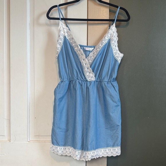 PatPat Pants - PatPat Light Blue Chambray Lace Trim Romper